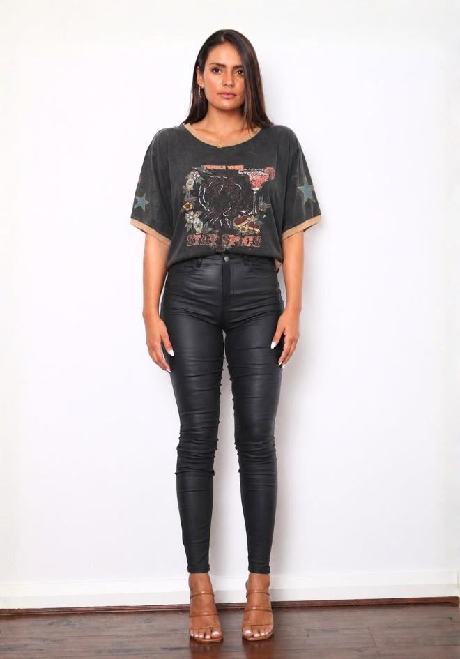 Coco Cartel Tequila Tiger Tee — full-length front view of washed charcoal relaxed fit graphic tee with Stay Spicy tiger print and contrast tan cuffed sleeves, styled with black leather pants and tan heels, shop in Australia at Kat and Ko Clothing