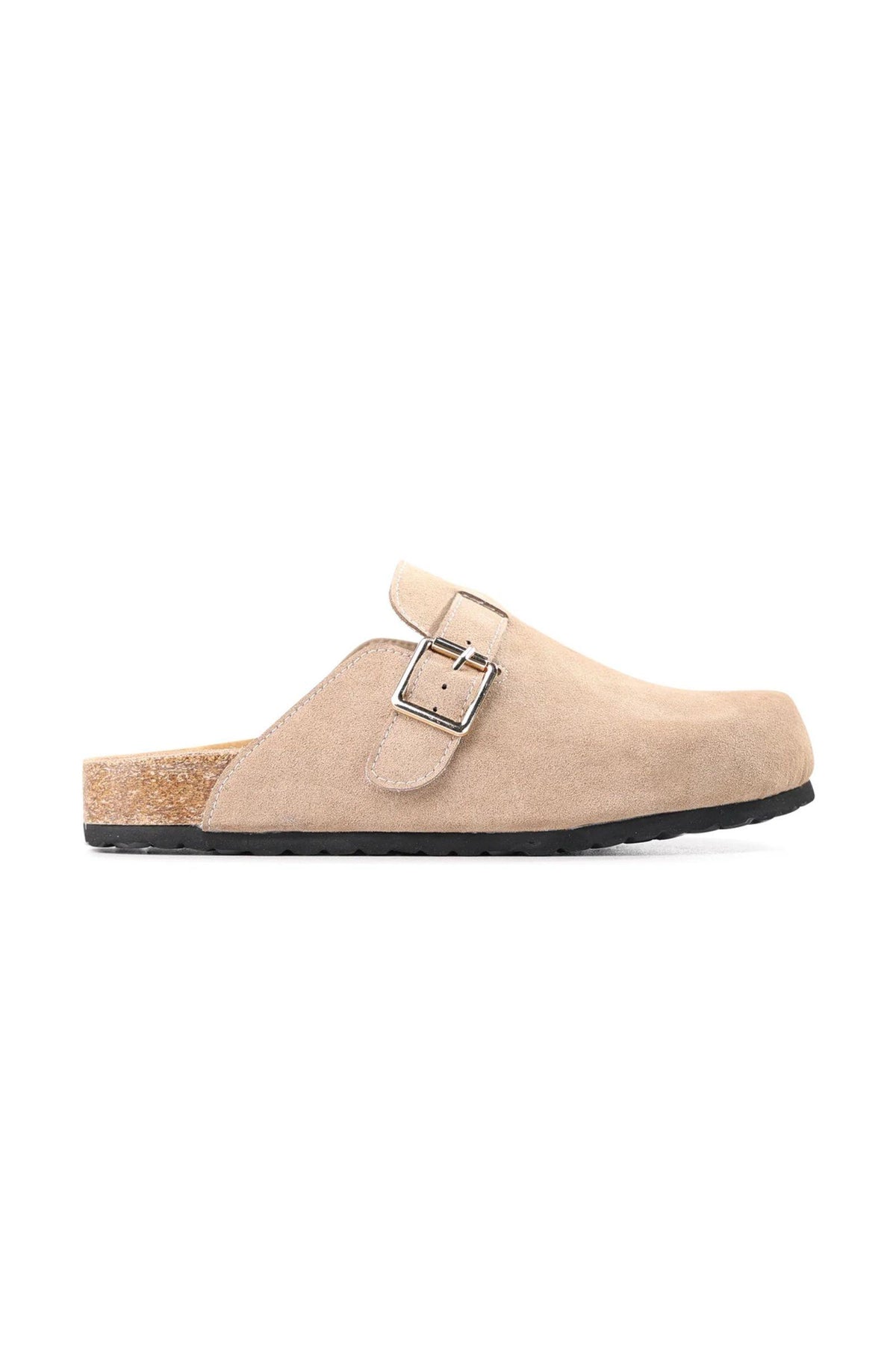 Bili Slide in Taupe by Los Cabos — side profile showing the recycled suede upper and open-back mule silhouette