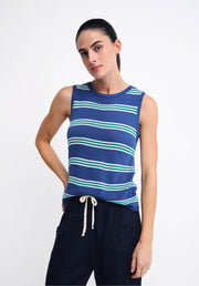 Stripe Spring Tank - Navy/Teal by Little Lies — front view of navy and teal striped tank top styled with navy pants, available in Australia at Kat and Ko Clothing
