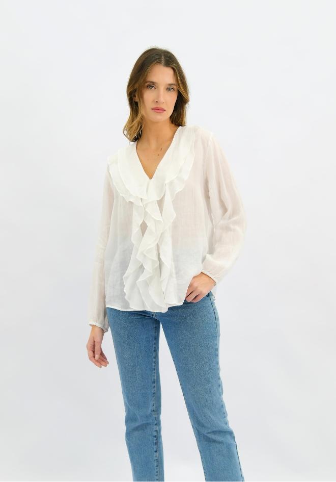 Worthier Claire Linen Blouse White — full-length front view of relaxed white linen blouse with frill front detail and long sleeves, styled with blue denim jeans, shop in Australia at Kat and Ko Clothing