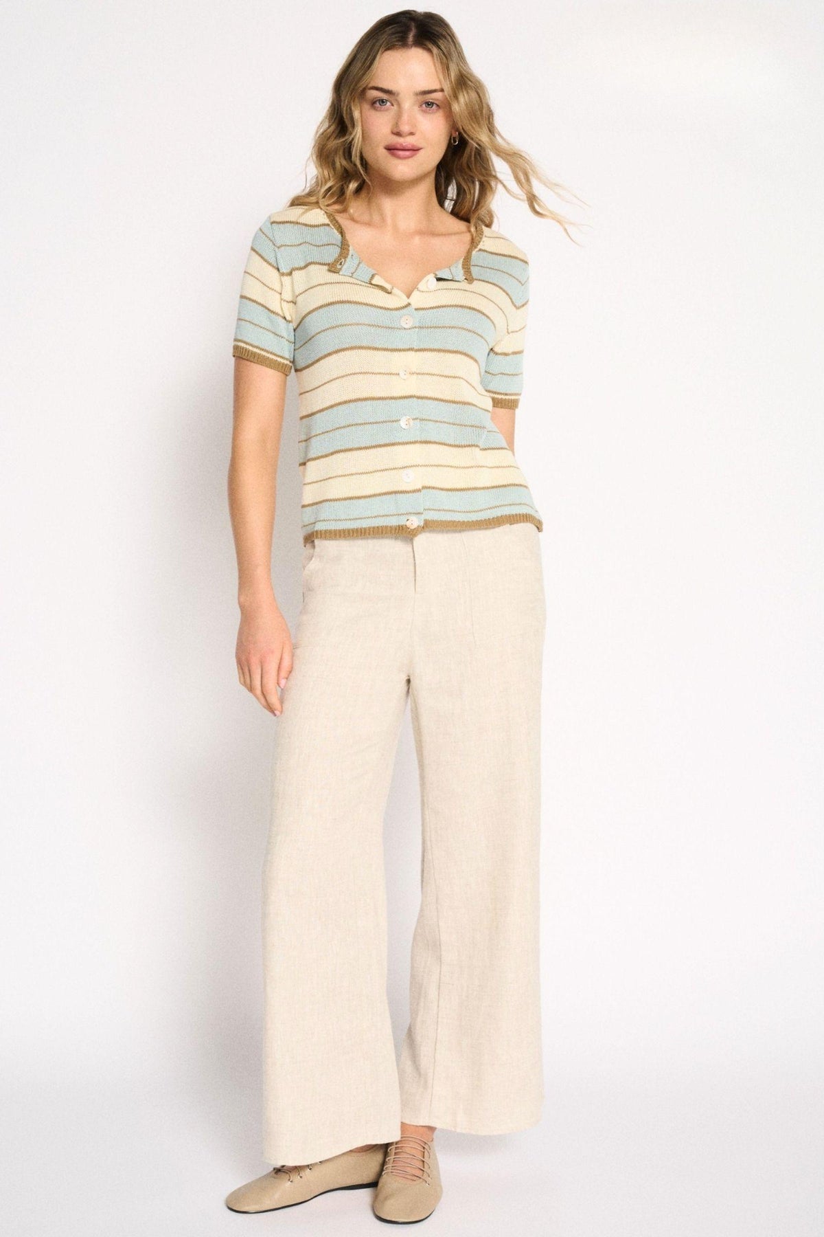 Jude Linen Pants in Natural by Little Lies — 100% linen pants with a zip-front and elastic back waist, available in Australia at Kat and Ko Clothing
