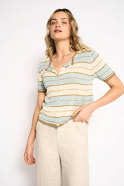 Solene Stripe Button Top in Soft Aqua by Little Lies — three-quarter front view of soft aqua, cream and tan stripe short sleeve knit button-through top with collared neckline, styled with cream wide-leg linen trousers, shop in Australia at Kat and Ko Clothing