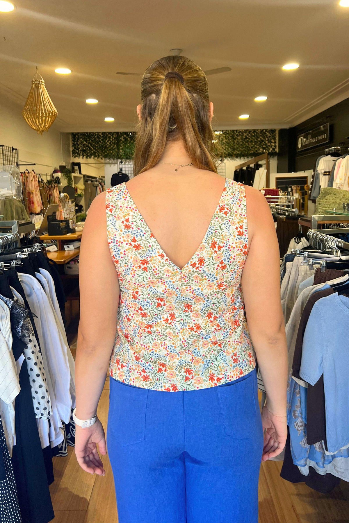 Little Lies Margot Cami in floral print back view showing the scoop back and straps