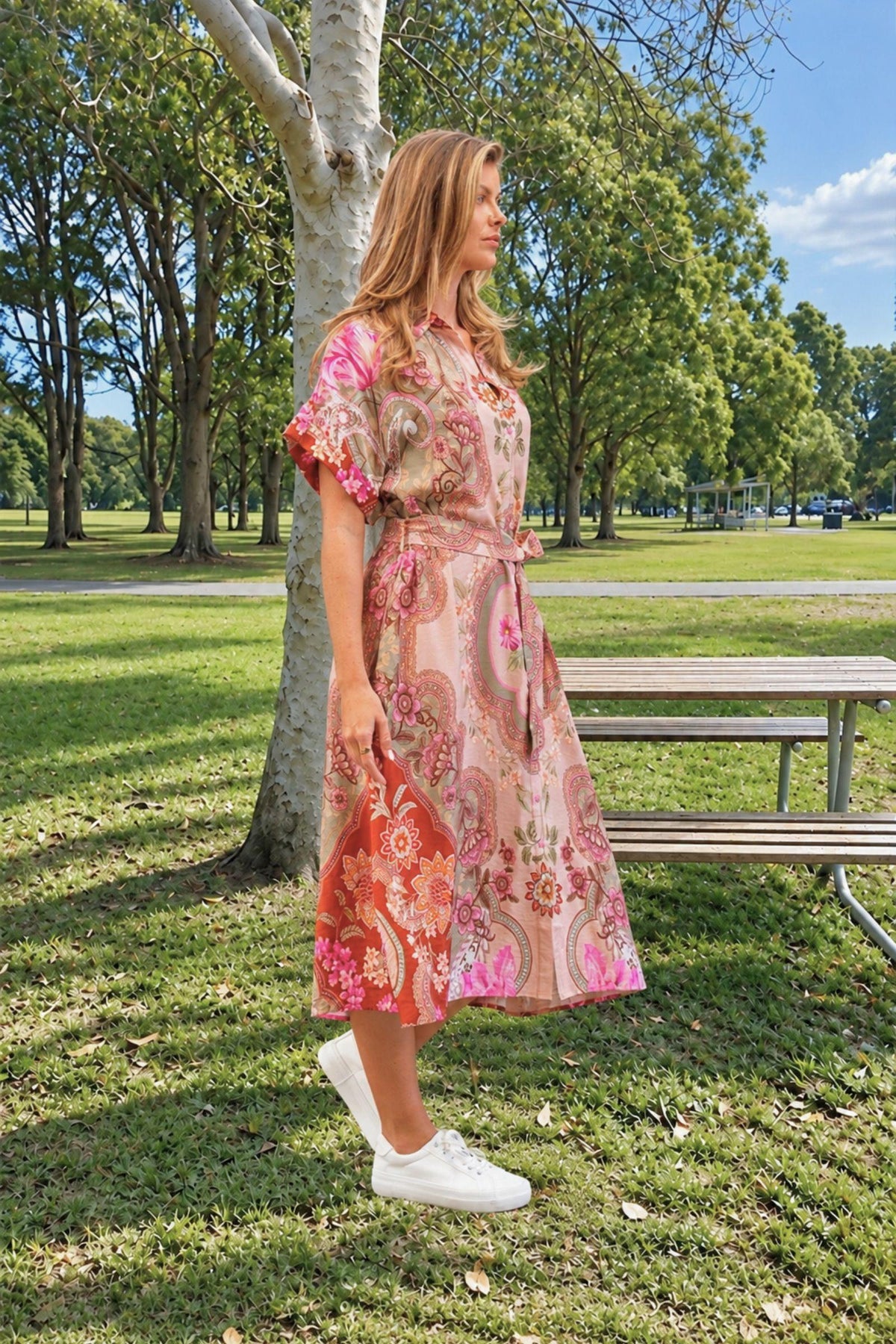 Fionn Midi Dress by Boho Australia — outdoor view showing the pink patterned midi dress’s relaxed shape and short sleeves, available in Australia at Kat and Ko Clothing