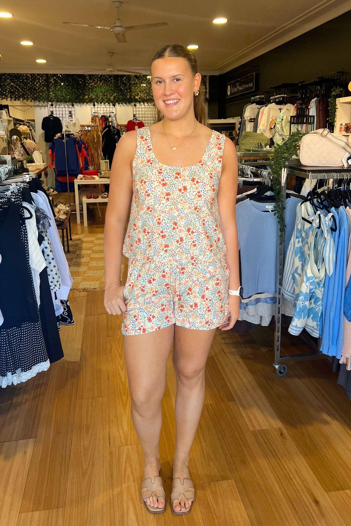 Little Lies Margot Shorts in floral print worn with a matching floral cami, full-length front view