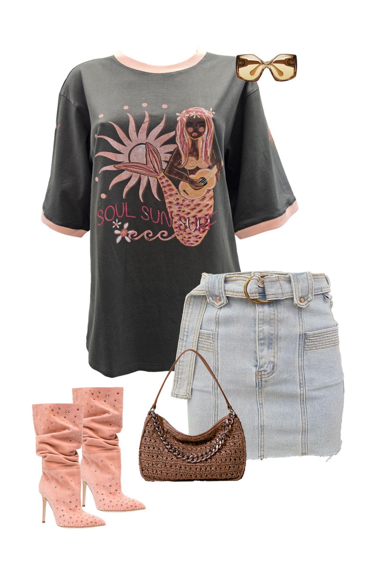Coco Cartel Soul Sun Surf Tee in washed charcoal flat lay with a denim mini skirt, pink boots and woven bag
