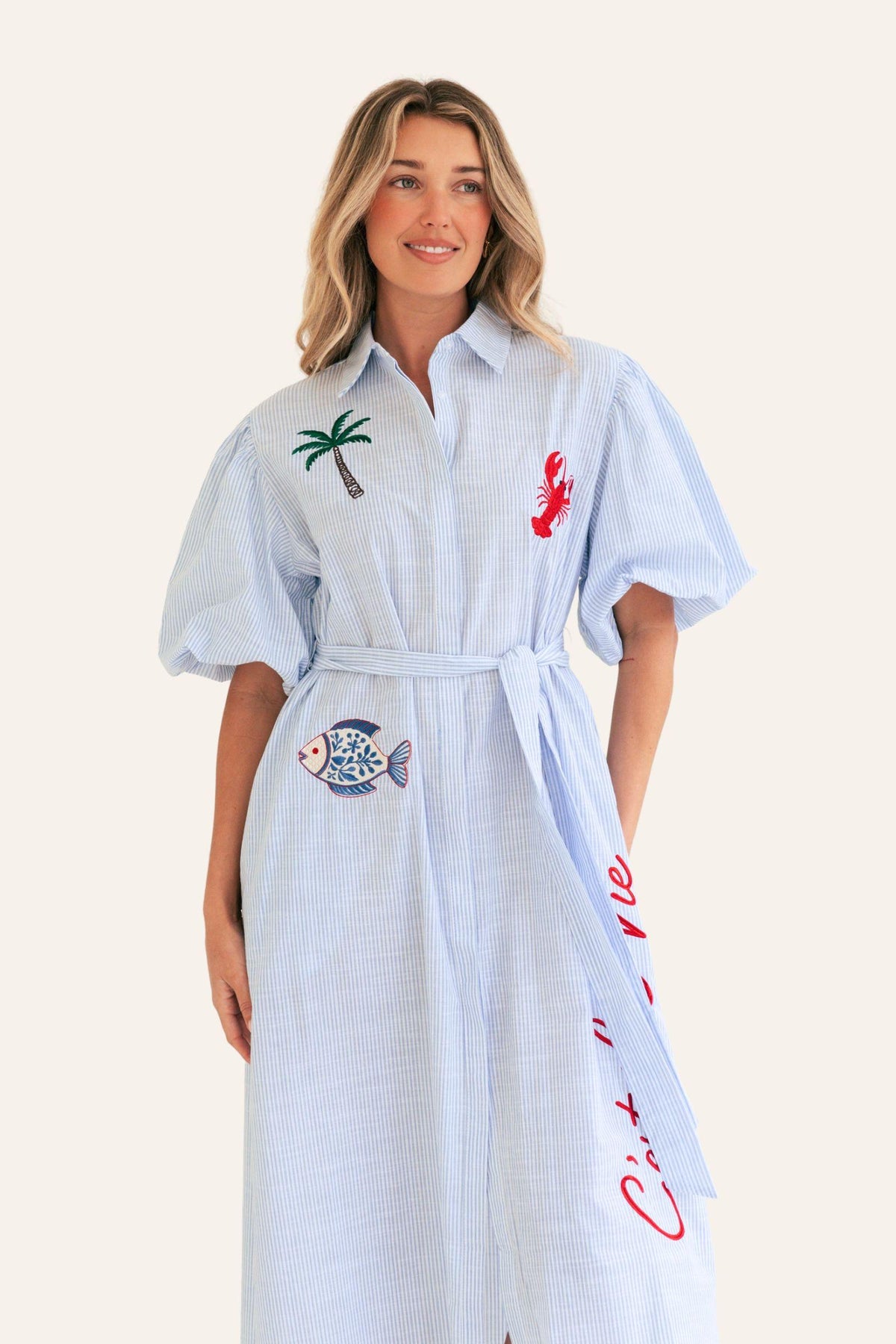 Label of Love Mariniere Embroidered Shirt Dress — front studio view of the striped shirt dress with embroidery and a tie waist, styled with sandals in Australia at Kat and Ko Clothing.