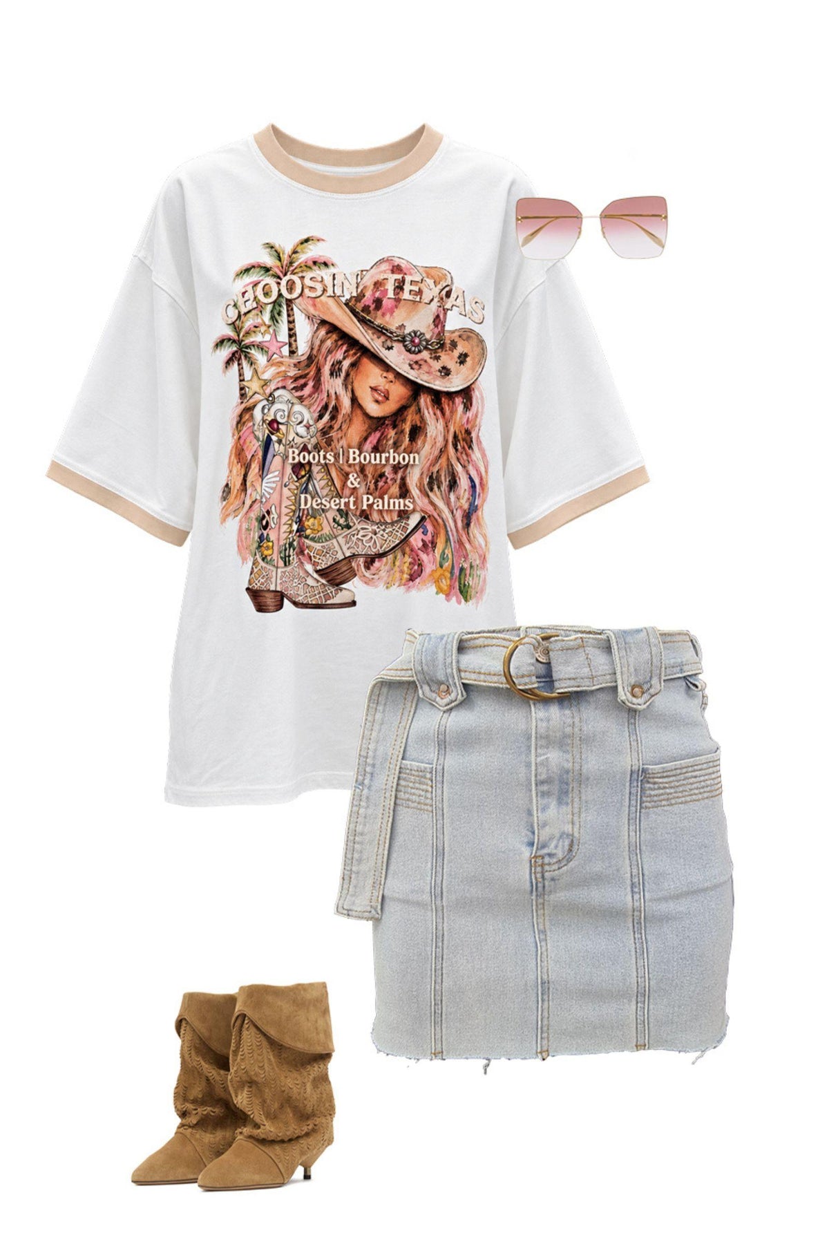 Coco Cartel Choose Texas Tee in White flat lay styled with a denim mini skirt, tan boots and sunglasses