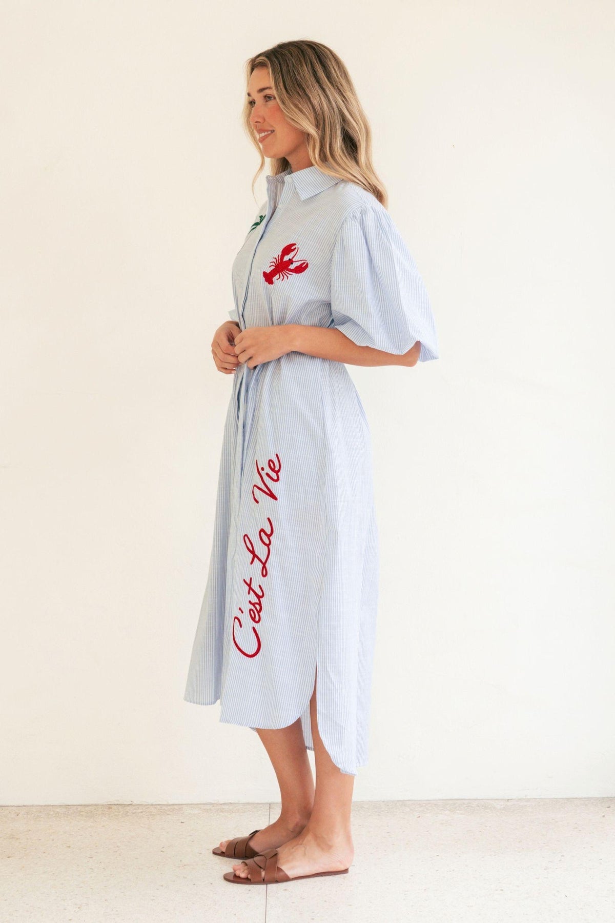 Mariniere Embroidered Shirt Dress by Label of Love — side view showing the embroidered detail and hem, styled with sandals in Australia at Kat and Ko Clothing.