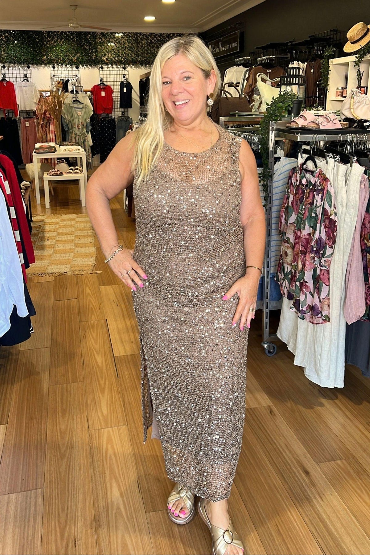 Caroline K Morgan Conchetta Dress — front view of a model wearing the sleeveless maxi dress in store, available in Australia at Kat and Ko Clothing