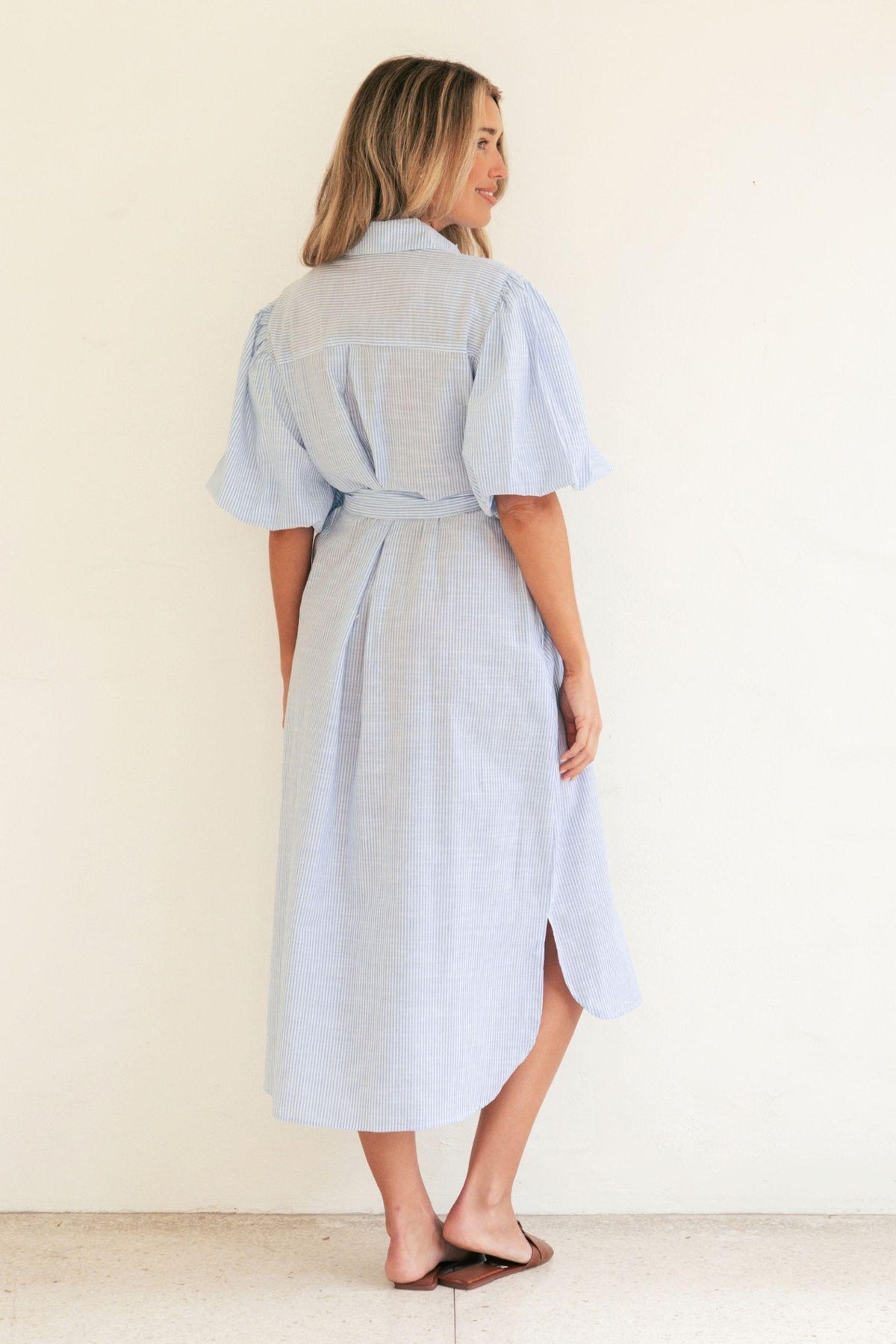 Mariniere Embroidered Shirt Dress, Label of Love — back view of the blue-and-white striped dress, styled with sandals in Australia at Kat and Ko Clothing.
