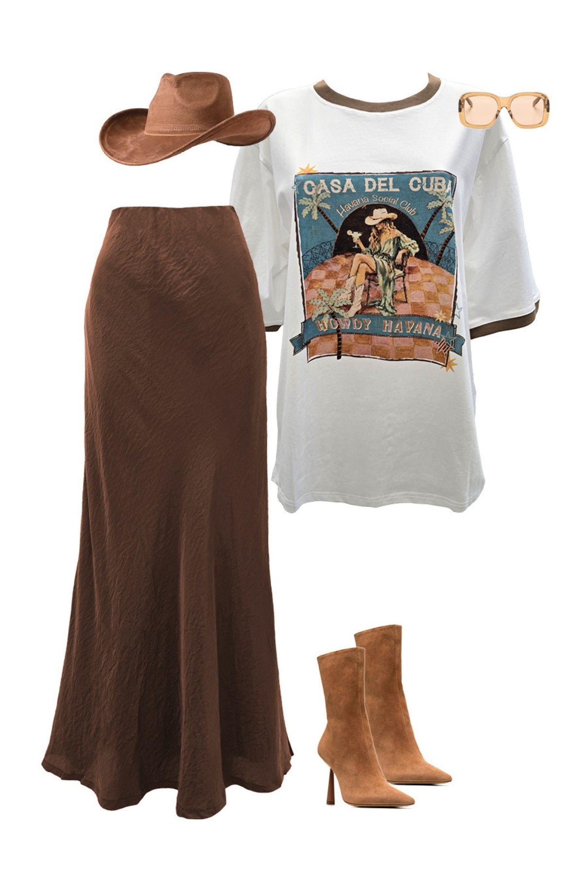 Coco Cartel Casa Del Cuba Tee in White flat lay styled with a brown maxi skirt, cowboy hat and tan boots