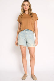 Rhodes Tee in Desert by Little Lies — relaxed crew neck cotton tee in desert tan, styled with denim shorts, available in Australia at Kat and Ko Clothing