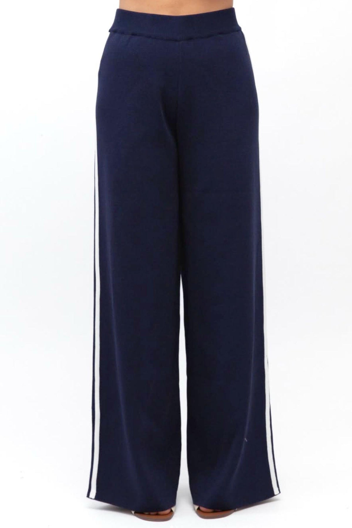 Label of Love Simba Knit Pant in Navy lower-body view showing the straight wide leg and stripes on both sides