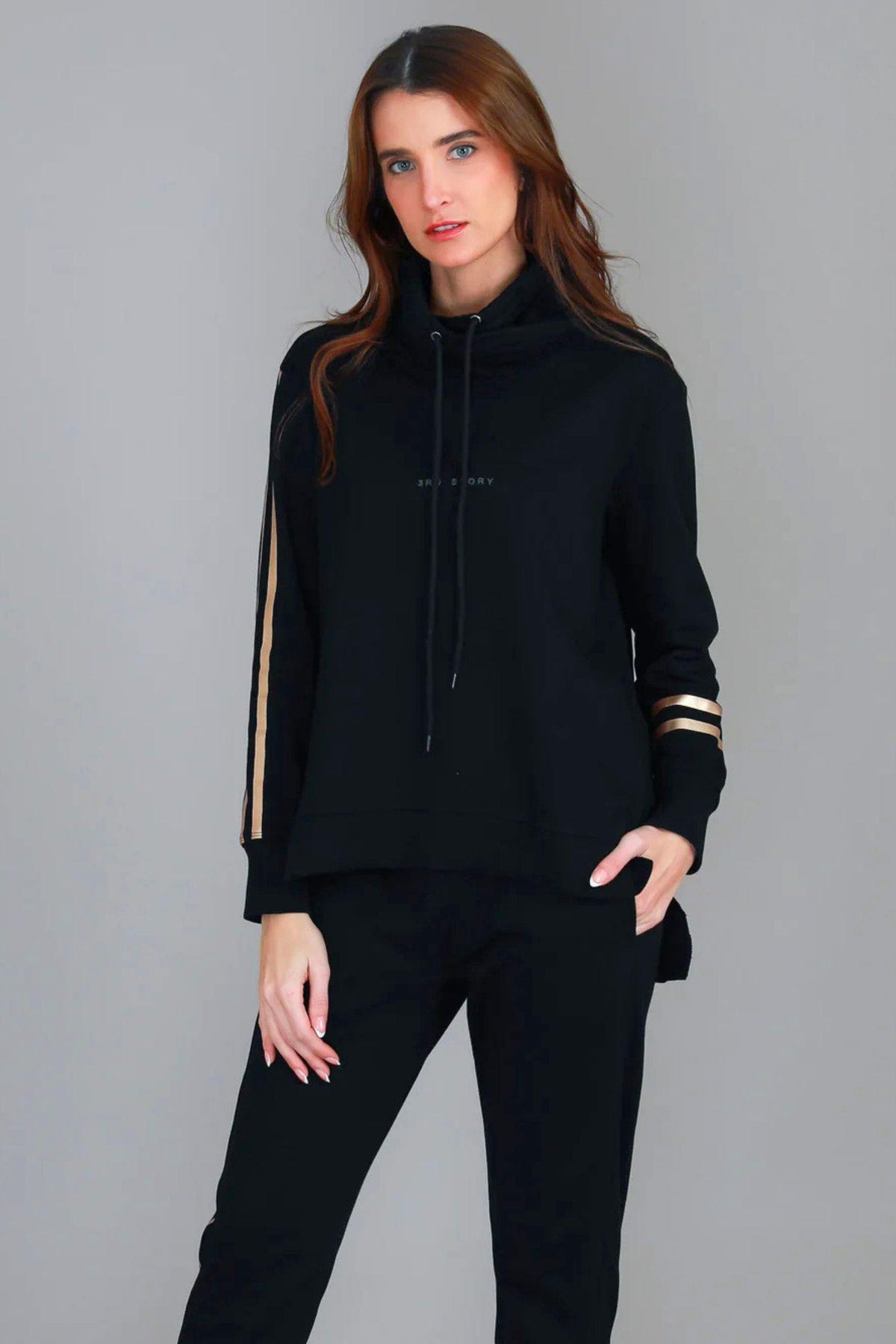 Darcy Golden Stripe Funnel Neck Sweater - Black, front view