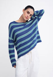 Stripe Spring Knit - Navy/Teal by Little Lies — front view of lightweight striped knit top in navy and teal with relaxed fit and rolled hem, shop in Australia at Kat and Ko Clothing