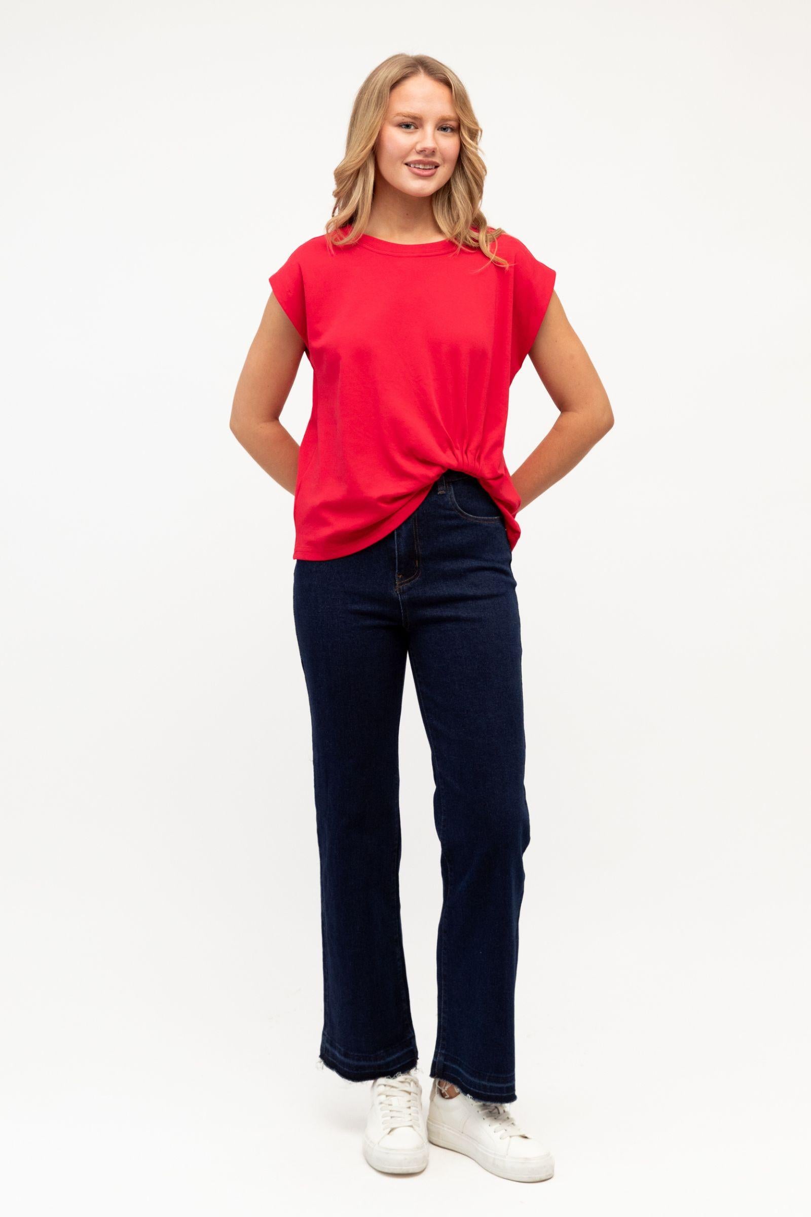 Cap Sleeve Tuck Tee - Red