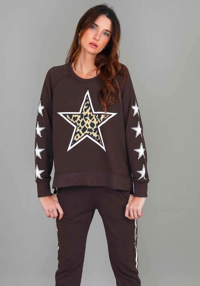 Kate Leopard Star Sweater in Truffle by 3rd Story The Label — cropped front view of truffle French Terry sweatshirt with leopard print star graphic and white star sleeve accents, styled with matching truffle joggers, available in Australia at Kat and Ko Clothing