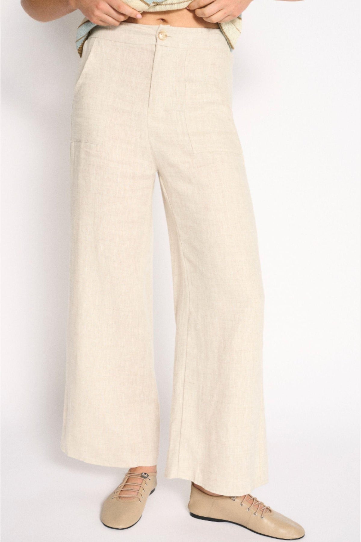 Little Lies Jude Linen Pants Natural — 100% linen pants with a zip-front and elastic back waist, shop in Australia at Kat and Ko Clothing