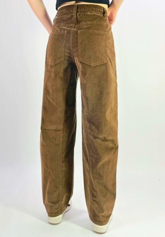 Country Denim Orlando Barrel Jeans Chocolate Corduroy — back view of chocolate brown corduroy wide-leg barrel pants showing elasticated waistband, panel seam detail and back patch pockets, shop in Australia at Kat and Ko Clothing