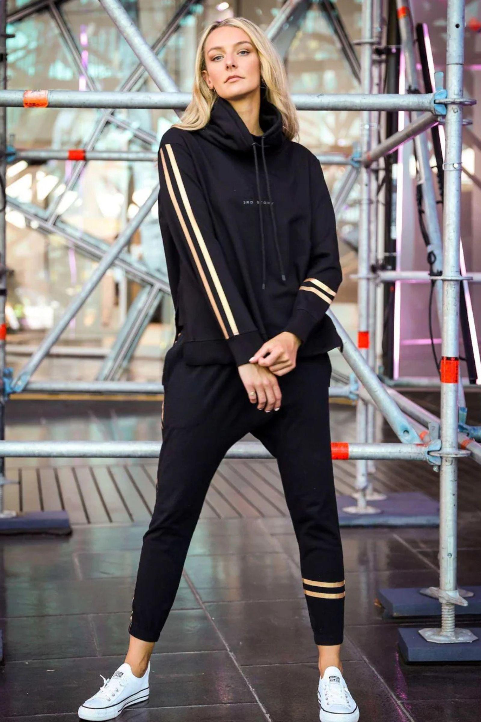 Darcy Golden Stripe Funnel Neck Sweater - Black