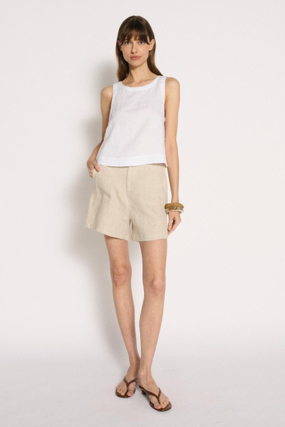Little Lies Jude Shorts in Natural full-length front view styled with a white tank and black sandals