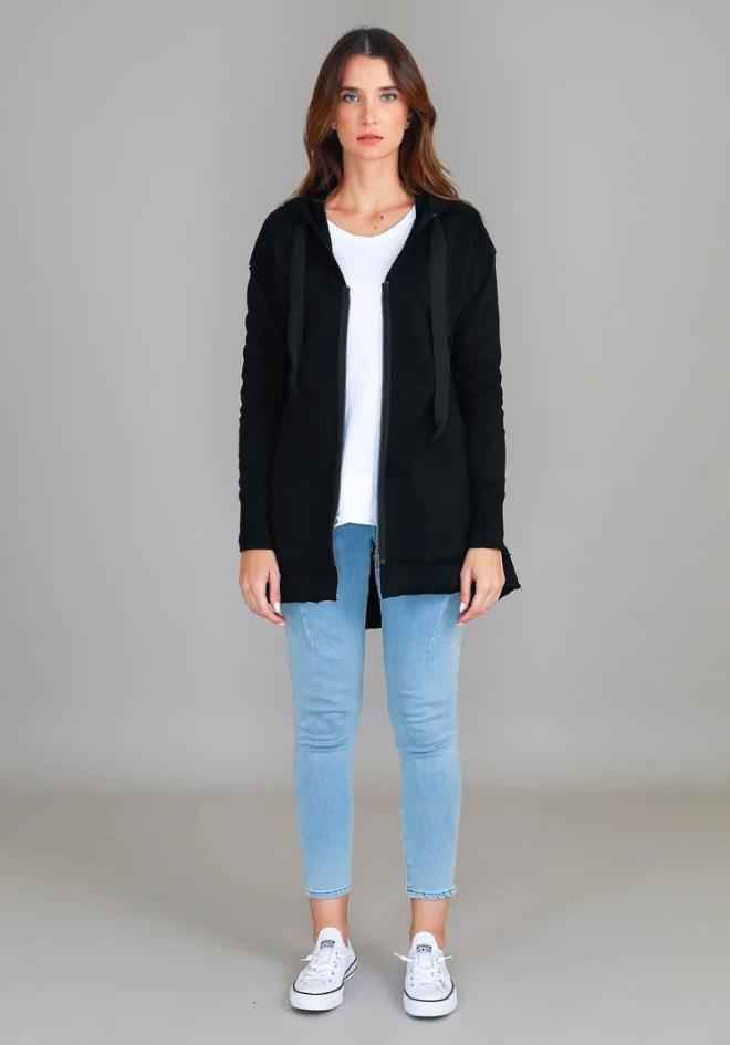 3rd Story The Label Charlie Jacket Black — full-length front view of longline zip-up hooded jacket with drawstring hood, styled with a white tee and light denim jeans, shop in Australia at Kat and Ko Clothing