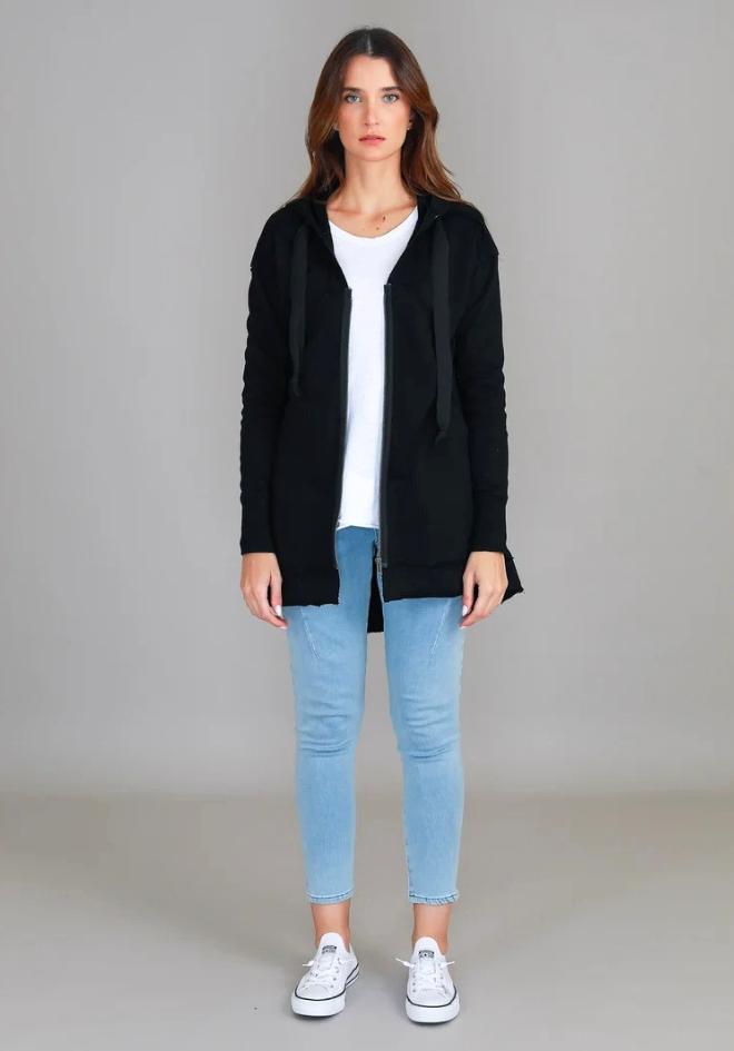 3rd Story The Label Charlie Jacket Black — full-length front view of oversized black hooded zip jacket with raw-edge hem, styled open over white tee and light blue jeans with white sneakers, shop in Australia at Kat and Ko Clothing