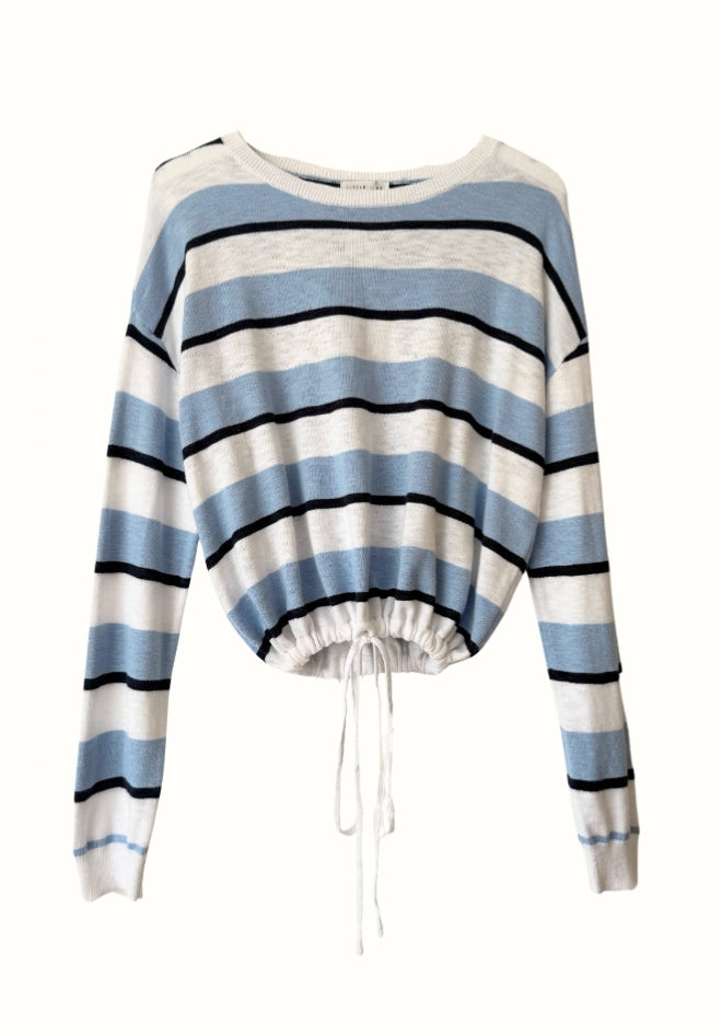 Little Lies Hailey Drawstring Top Blue Stripe — flat lay of blue, white and navy striped cotton long-sleeve top with adjustable drawstring hem, shop in Australia at Kat and Ko Clothing
