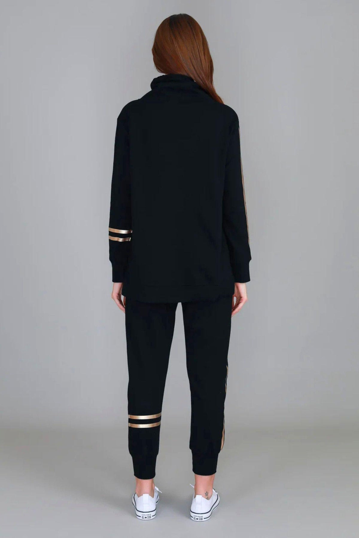 Darcy Golden Stripe Funnel Neck Sweater - Black, back view