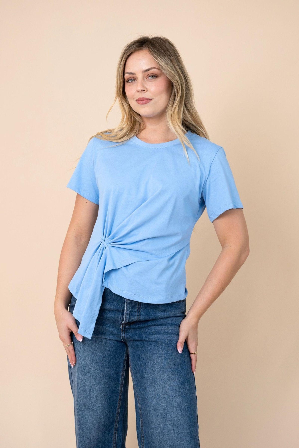 Ellery Tee by Fria The Label — cornflower blue cotton tee with signature asymmetrical hem, product view, available in Australia at Kat and Ko Clothing