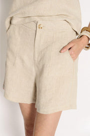 Little Lies Jude Shorts in Natural close-up of the zip-to-button closure and front pocket