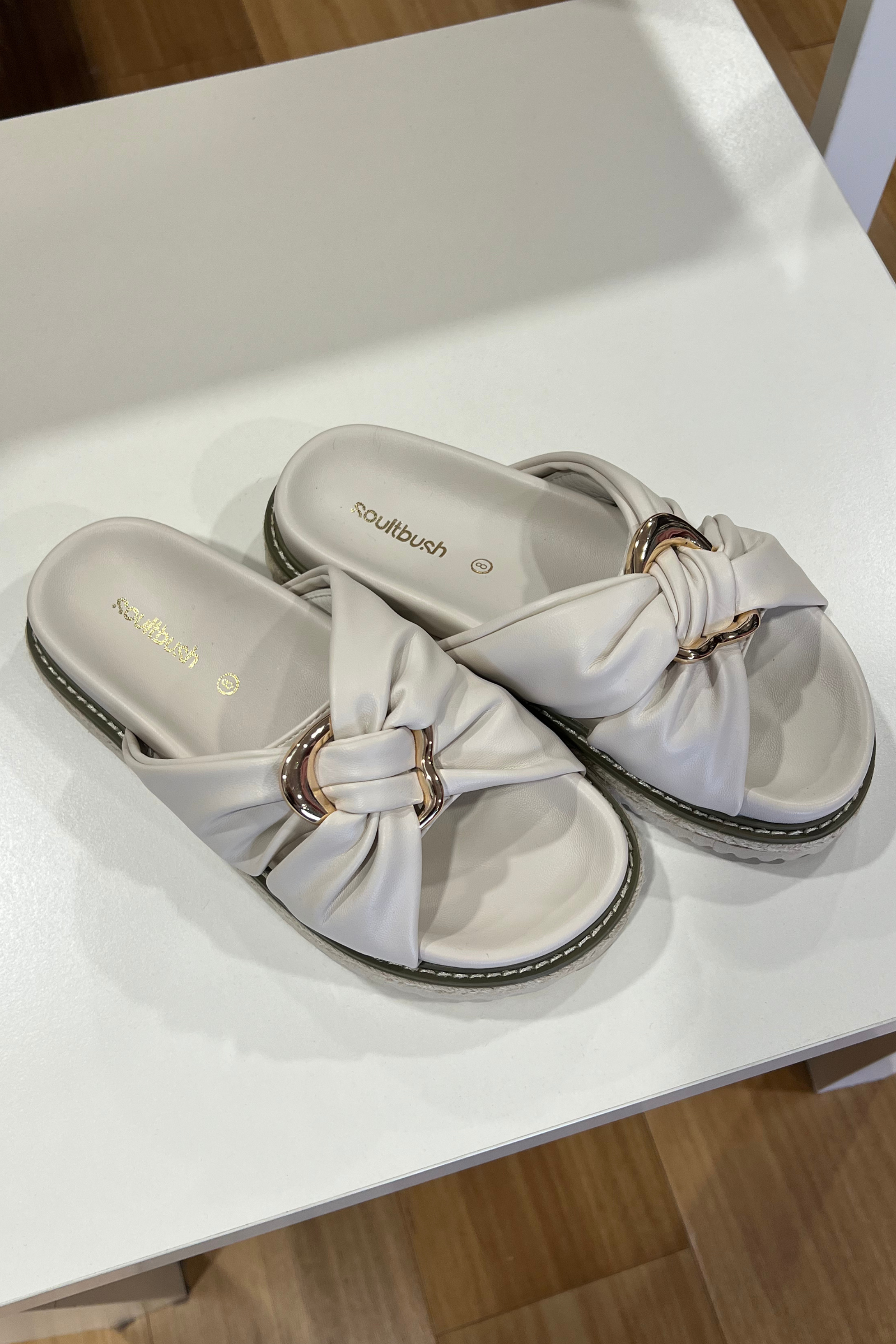 Soultbush Bombo Slide Ice — side profile showing slip-on single-strap silhouette in soft ice colourway, available in Australia at Kat and Ko Clothing