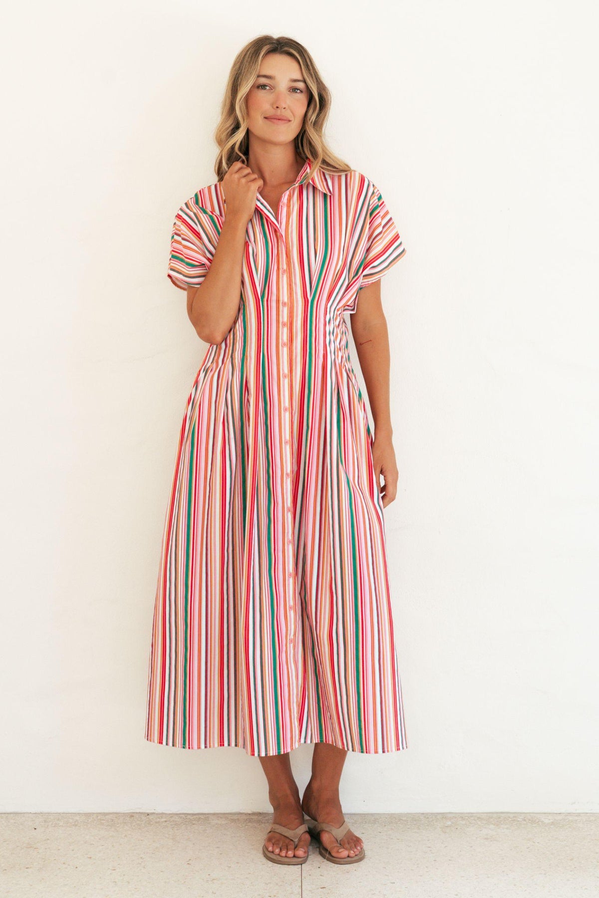 Label of Love Bella Stripe Midi Dress front view showing short sleeves and multicoloured vertical stripes
