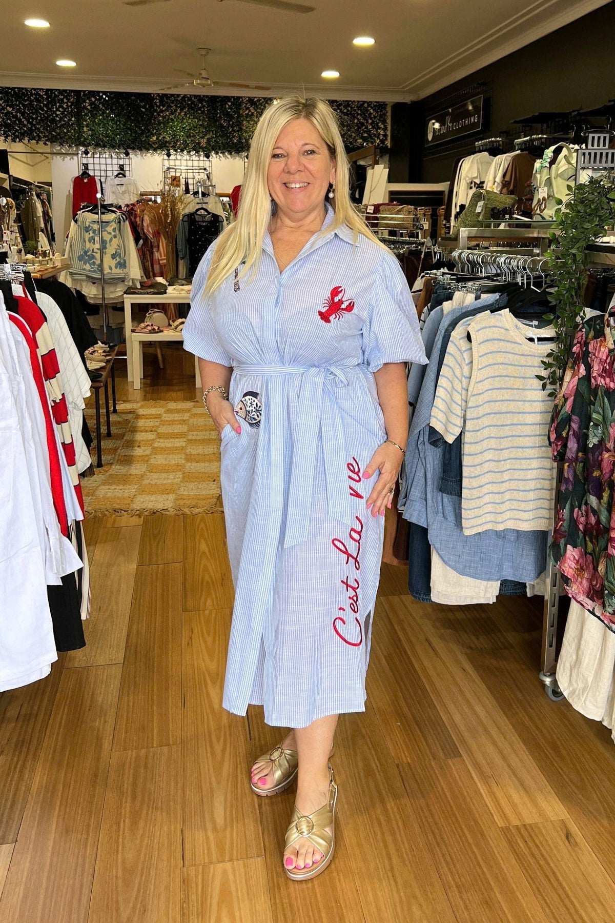 Mariniere Embroidered Shirt Dress, Label of Love — front view of the striped embroidered dress worn in-store with sandals, available in Australia at Kat and Ko Clothing.