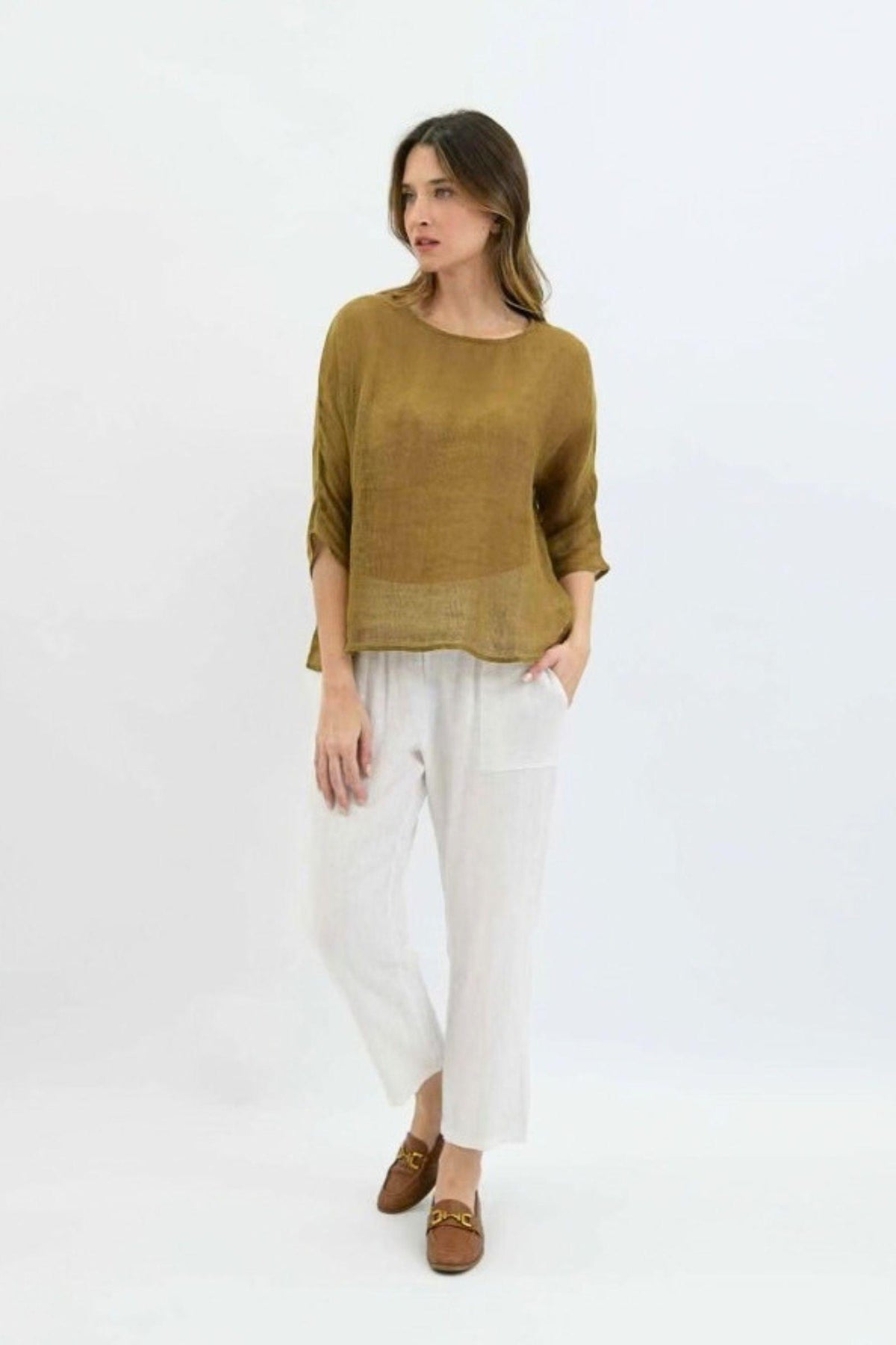 Nola Italian Linen Top - Khaki