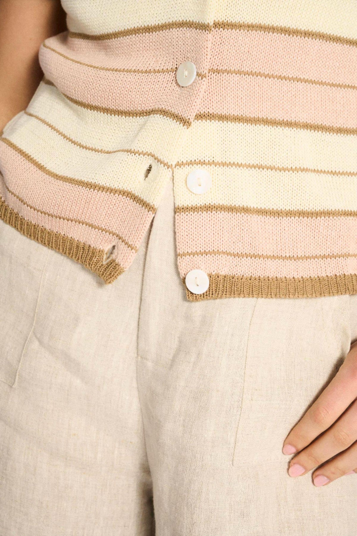 Little Lies Solene Stripe Button Top — close-up of button front placket on dusty pink and cream striped top, available in Australia at Kat and Ko Clothing
