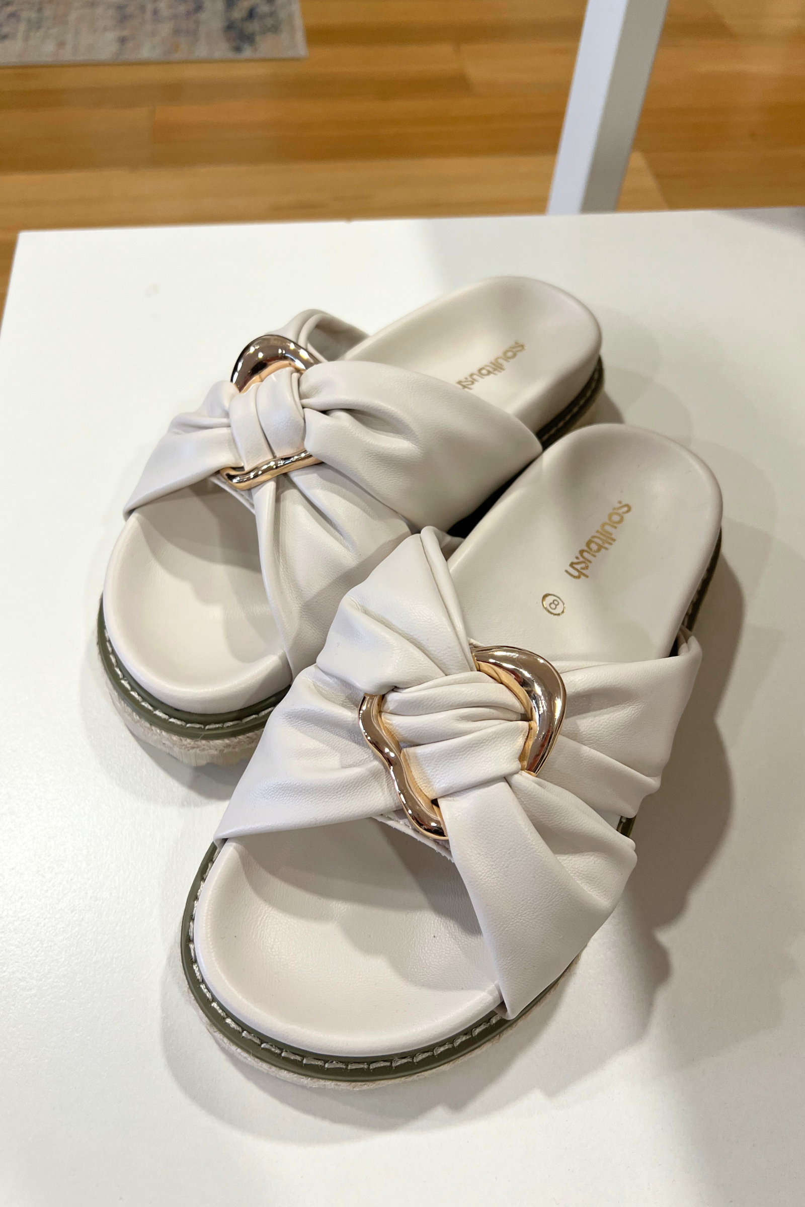 Bombo Slide in Ice by Soultbush — front view of a single-strap slide sandal in a soft ice neutral, styled with casual summer outfit, available in Australia at Kat and Ko Clothing