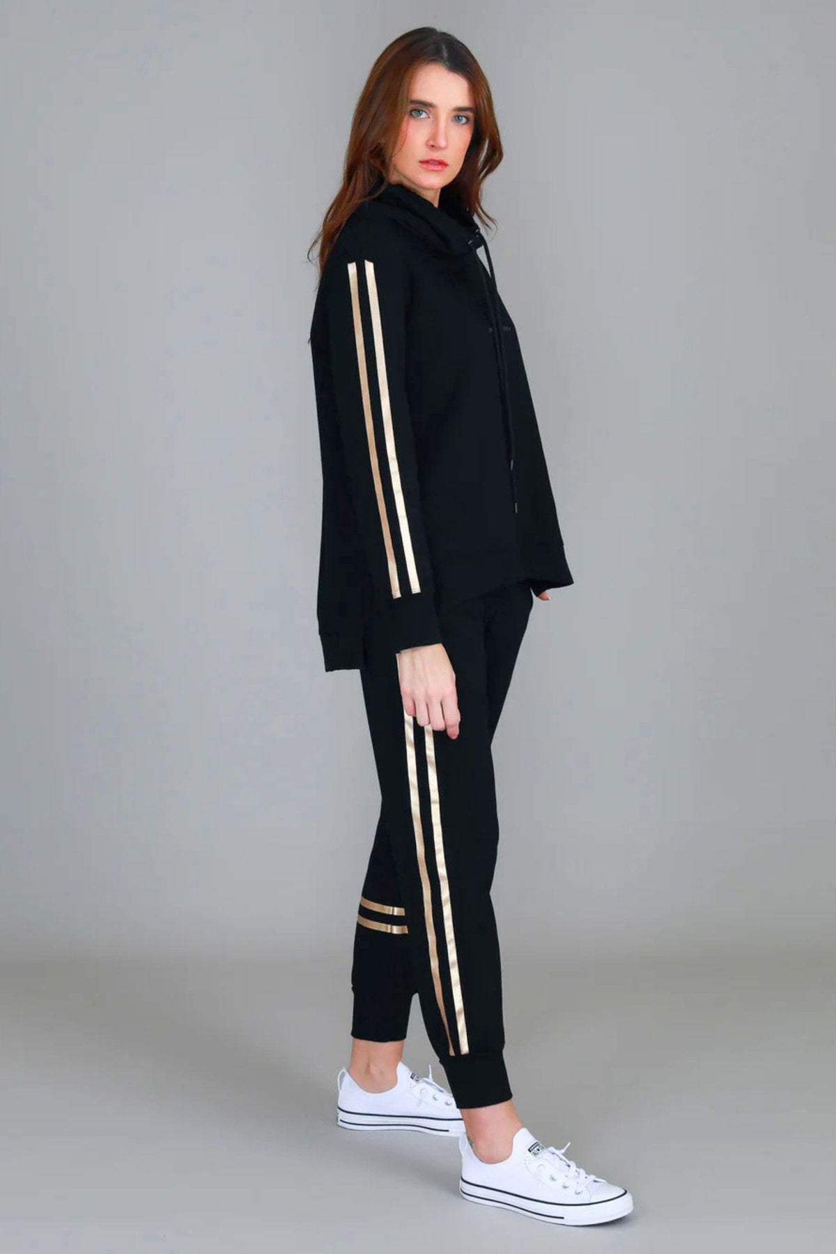 Darcy Golden Stripe Funnel Neck Sweater - Black, full side view