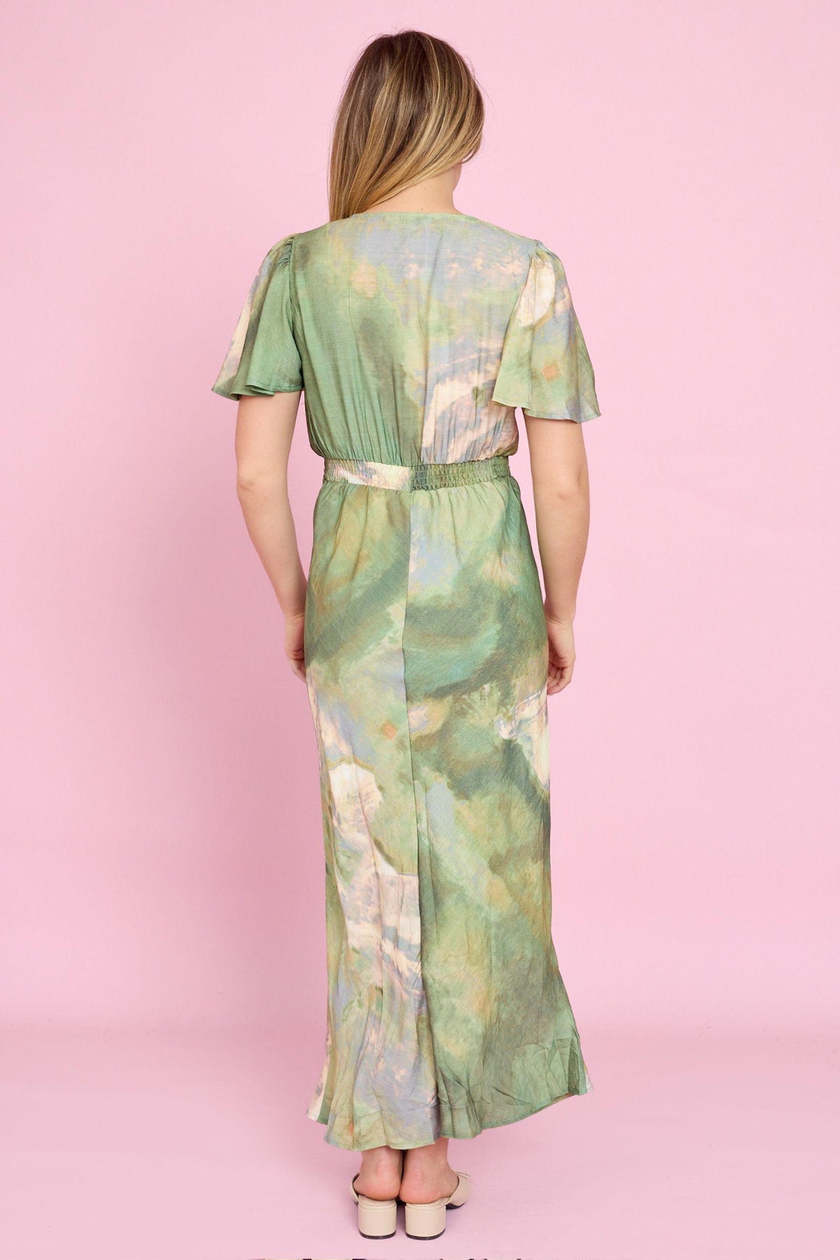 Fria The Label Dune Print Midi Dress in Sage back view showing the waist detail