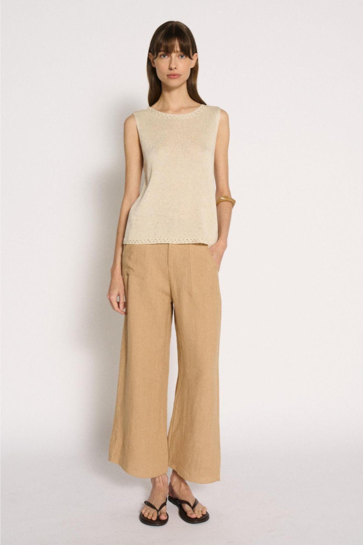 Little Lies Olivia Trim Tank in Natural full-length front view with tan wide-leg pants and sandals
