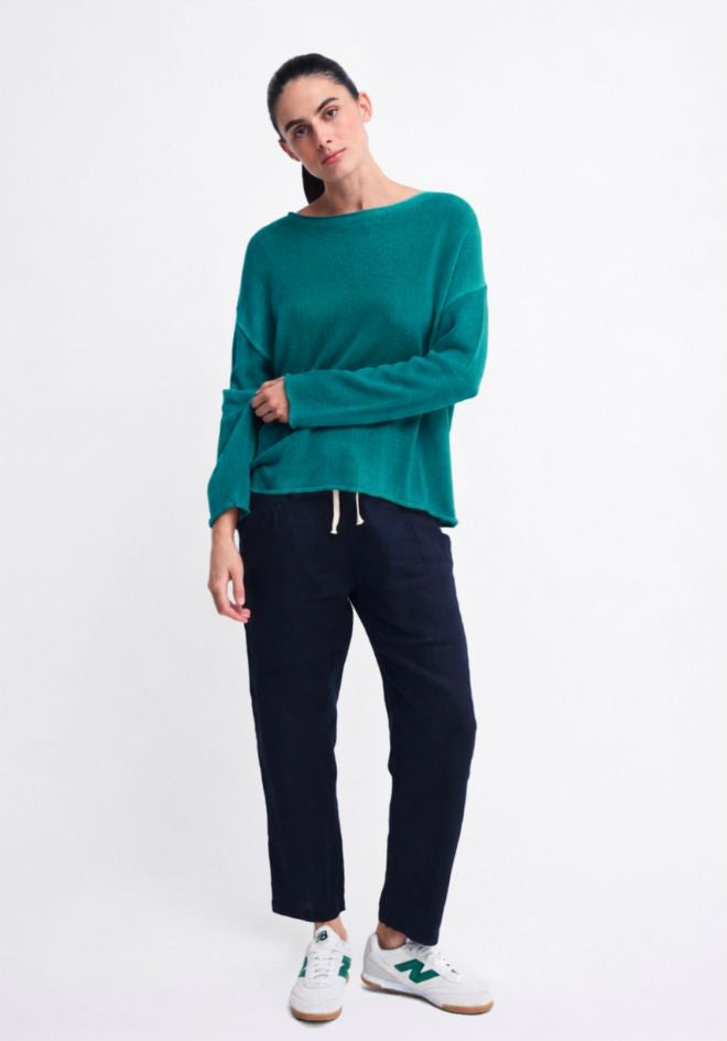 Little Lies Spring Knit in Teal — full-length front view styled with navy pants, shop in Australia at Kat and Ko Clothing