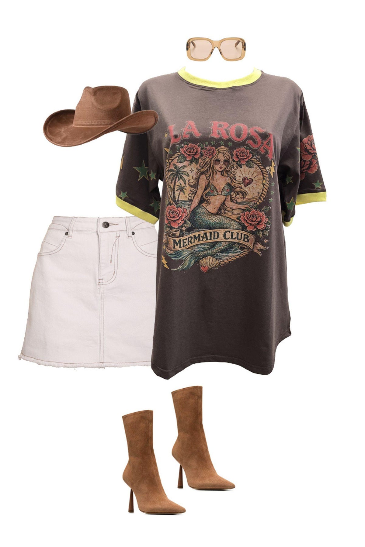 Coco Cartel La Rosa Tee Lemon — outfit flat lay styling the charcoal yellow-trim graphic tee with a white denim mini skirt, tan cowboy hat, heeled ankle boots and sunglasses, available in Australia at Kat and Ko Clothing