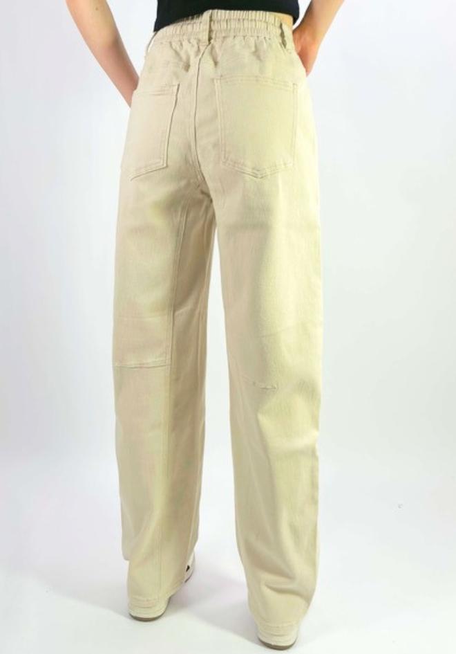 Country Denim Orlando Barrel Jeans Sand — back view of sand wide-leg barrel jeans showing elasticated waistband, panel seam detail and back patch pockets, shop in Australia at Kat and Ko Clothing