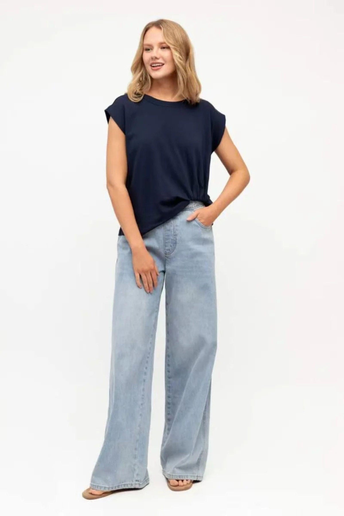Cap Sleeve Tuck Tee - Navy