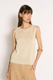 Little Lies Olivia Trim Tank in Natural angled front view with tan pants and a gold cuff