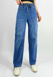 Orlando Barrel Jeans in Denim Blue by Country Denim — front view of mid-wash blue wide-leg barrel jeans with elasticated drawstring waist and large front patch pockets, styled with white sneakers, available in Australia at Kat and Ko Clothing