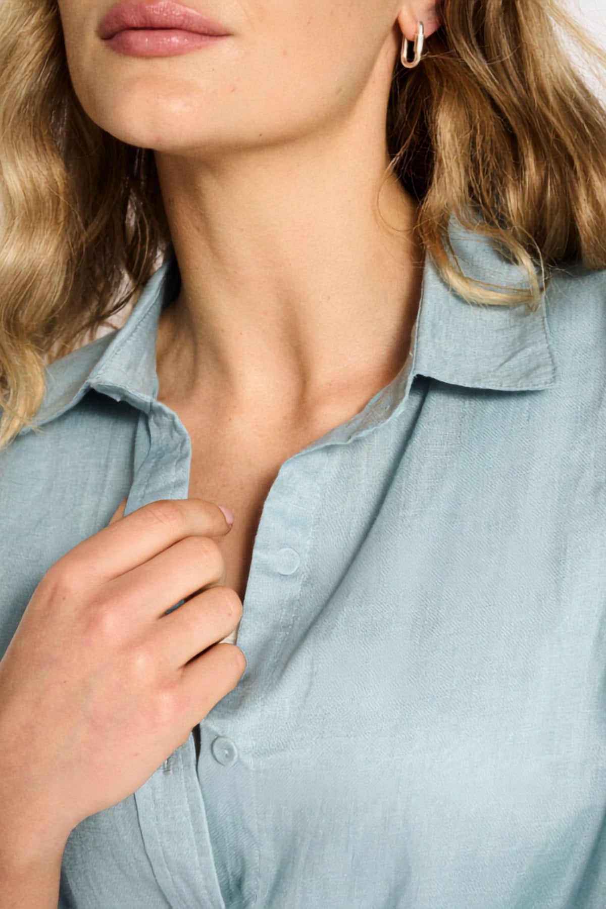 Little Lies Boyfriend Shirt Aqua Haze — close-up of the soft point collar and button placket detail on the aqua haze linen-blend boyfriend shirt, available in Australia at Kat and Ko Clothing