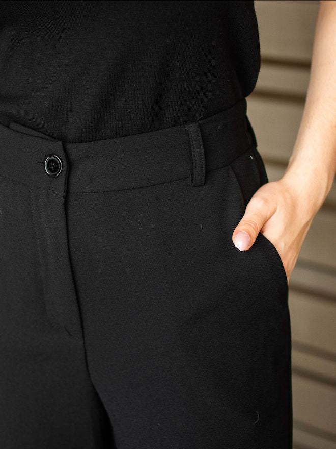 Fria The Label Victoria Straight Cut Pants Black — front view of black straight-leg trousers, versatile and sophisticated