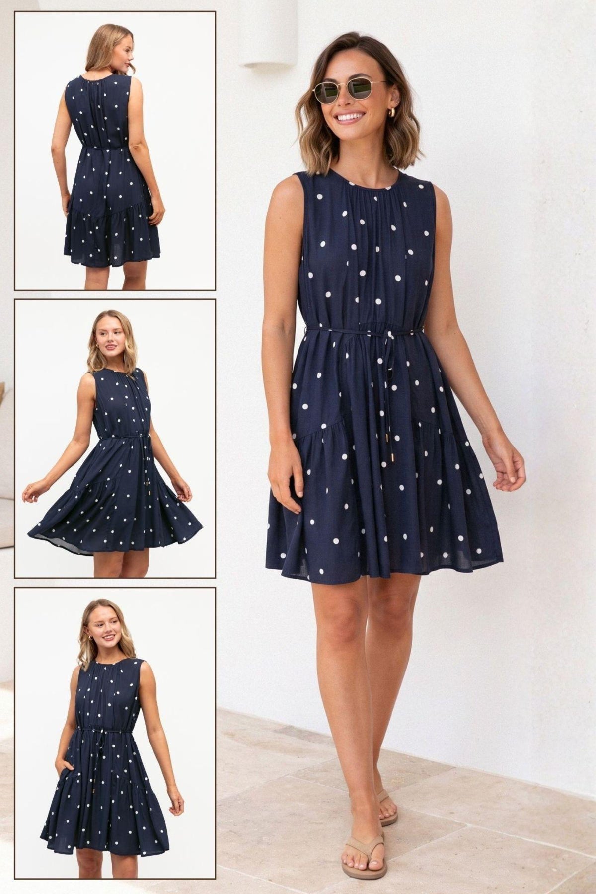Label of Love Midnight Spot Midi Dress — campaign collage showing front, back and movement shots of the navy white spot tiered sleeveless midi dress with drawstring waist and pockets, available in Australia at Kat and Ko Clothing